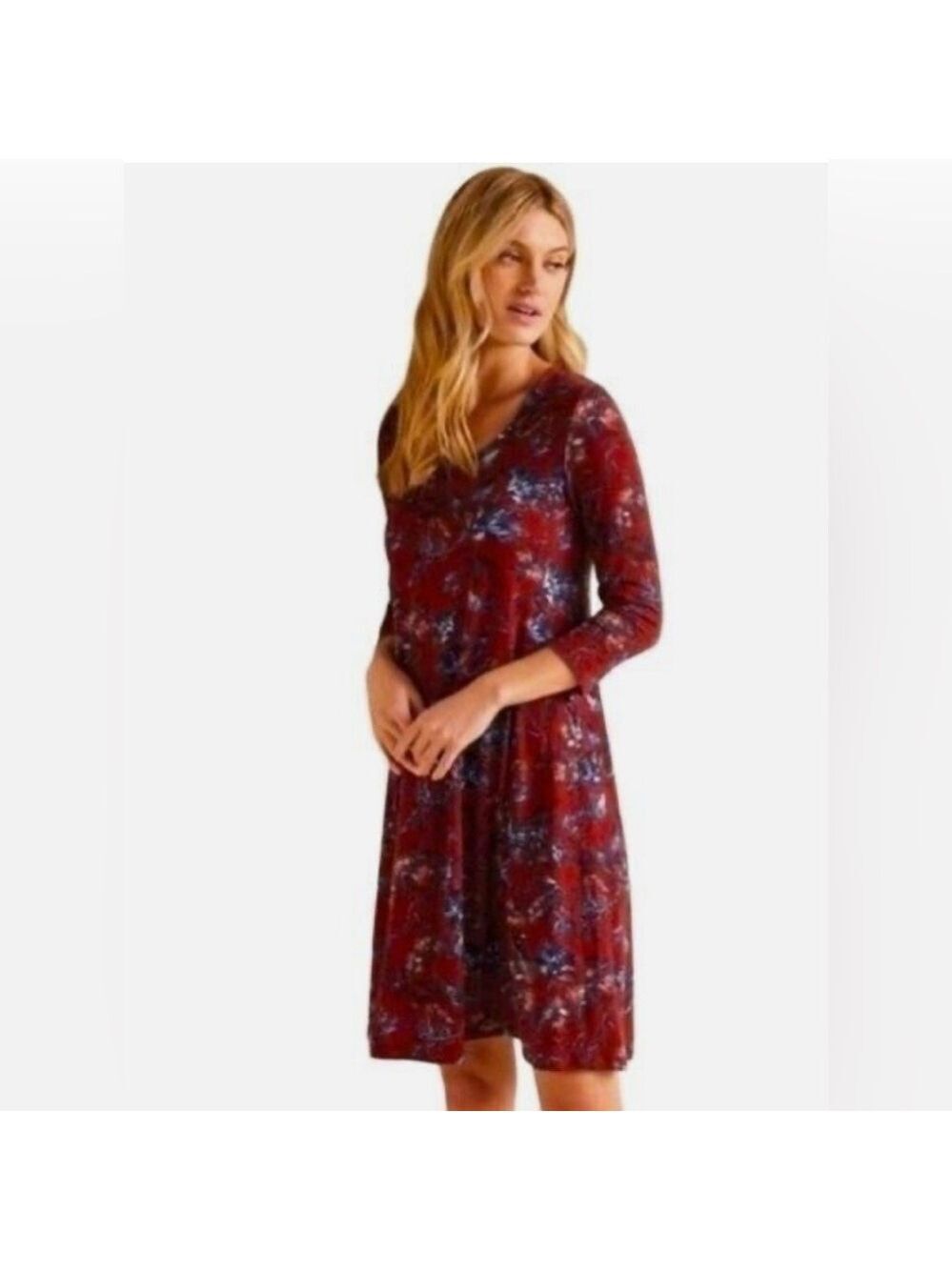 Garnet Hill Soft Rose Aviary Seamed Knit Floral Trapeze Eco-Friendly Dress